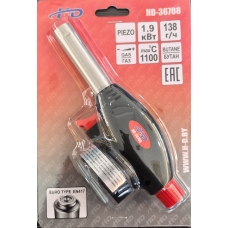 Горелка газовая с пьезоподжигом на цанговый баллон 1100С, 1.9 кВт, 138 г/ч Горелка газовая с пьезоподжигом на цанговый баллон 1100С, 1.9 кВт, 138 г/ч